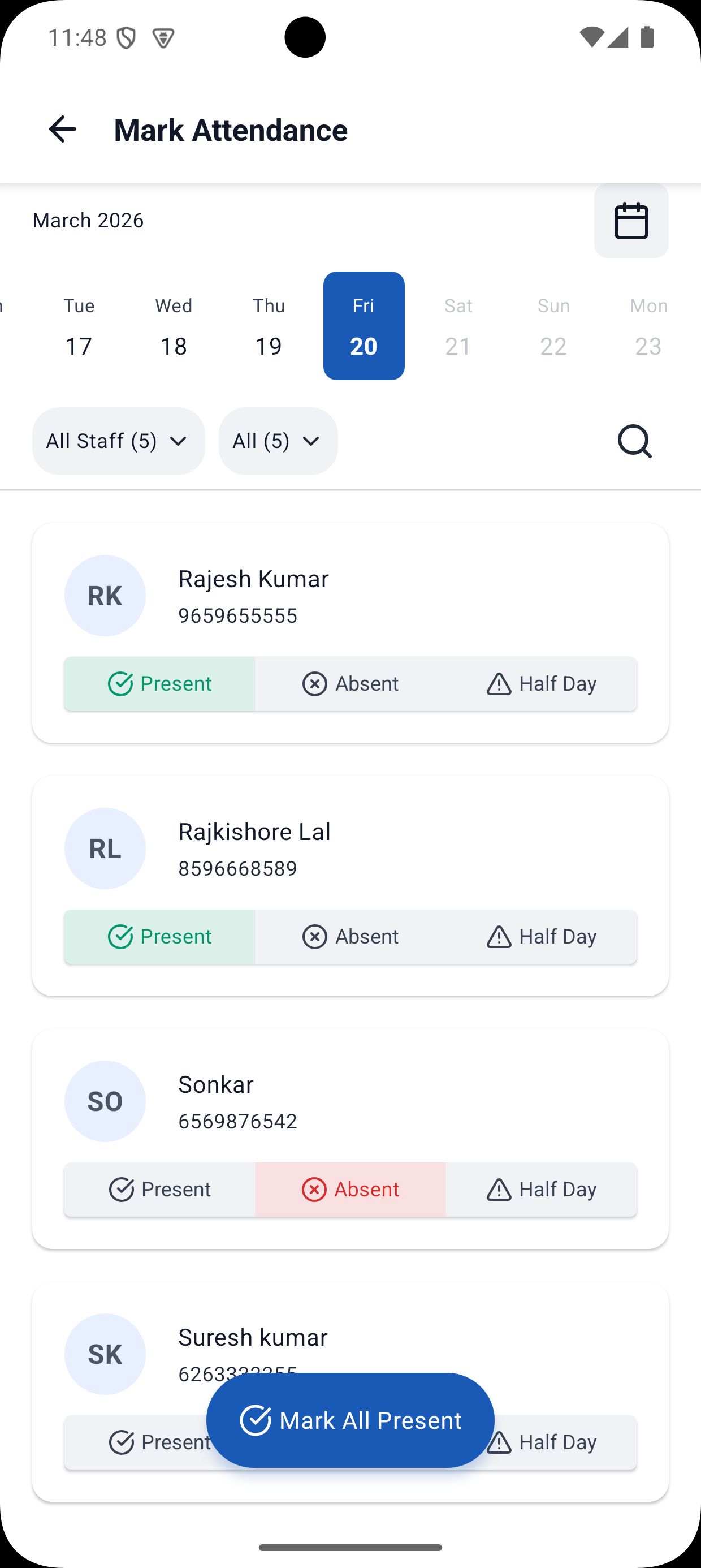 Yojo attendance screen — mark 50 workers in 2 taps